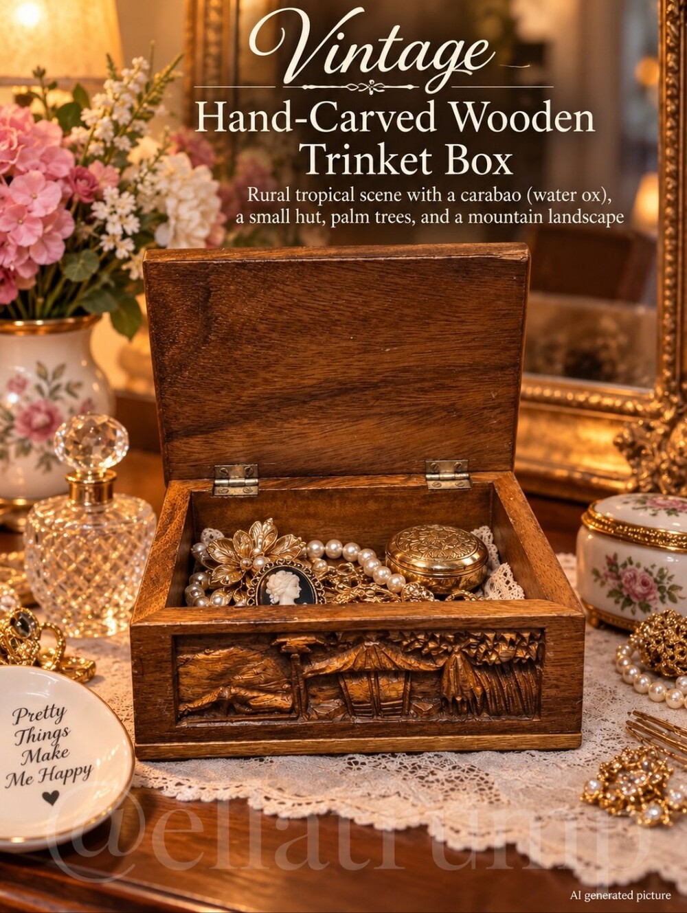 vintage hand-carved wooden trinket or jewelry box 6x5x2.75"